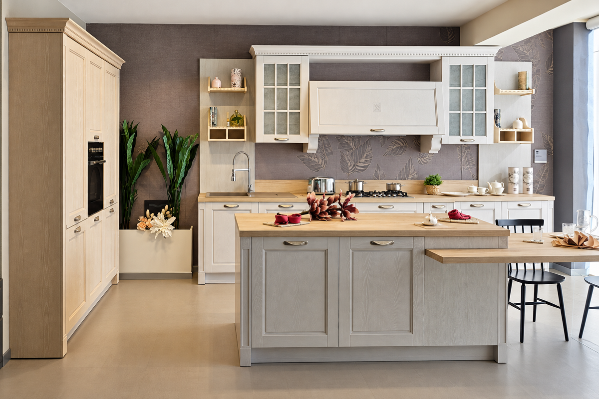 Cucina classica Stosa da esposizione con isola e tavolo nello showroom Mida
