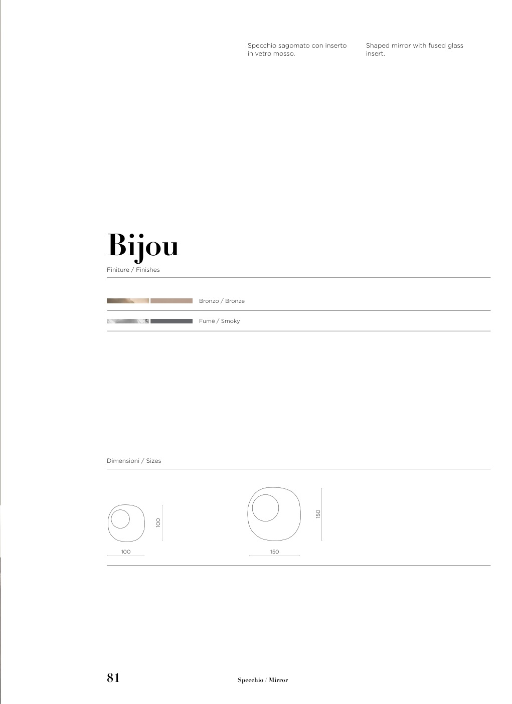 Specchio Bijou Capodarte – schema originale di misure e finiture