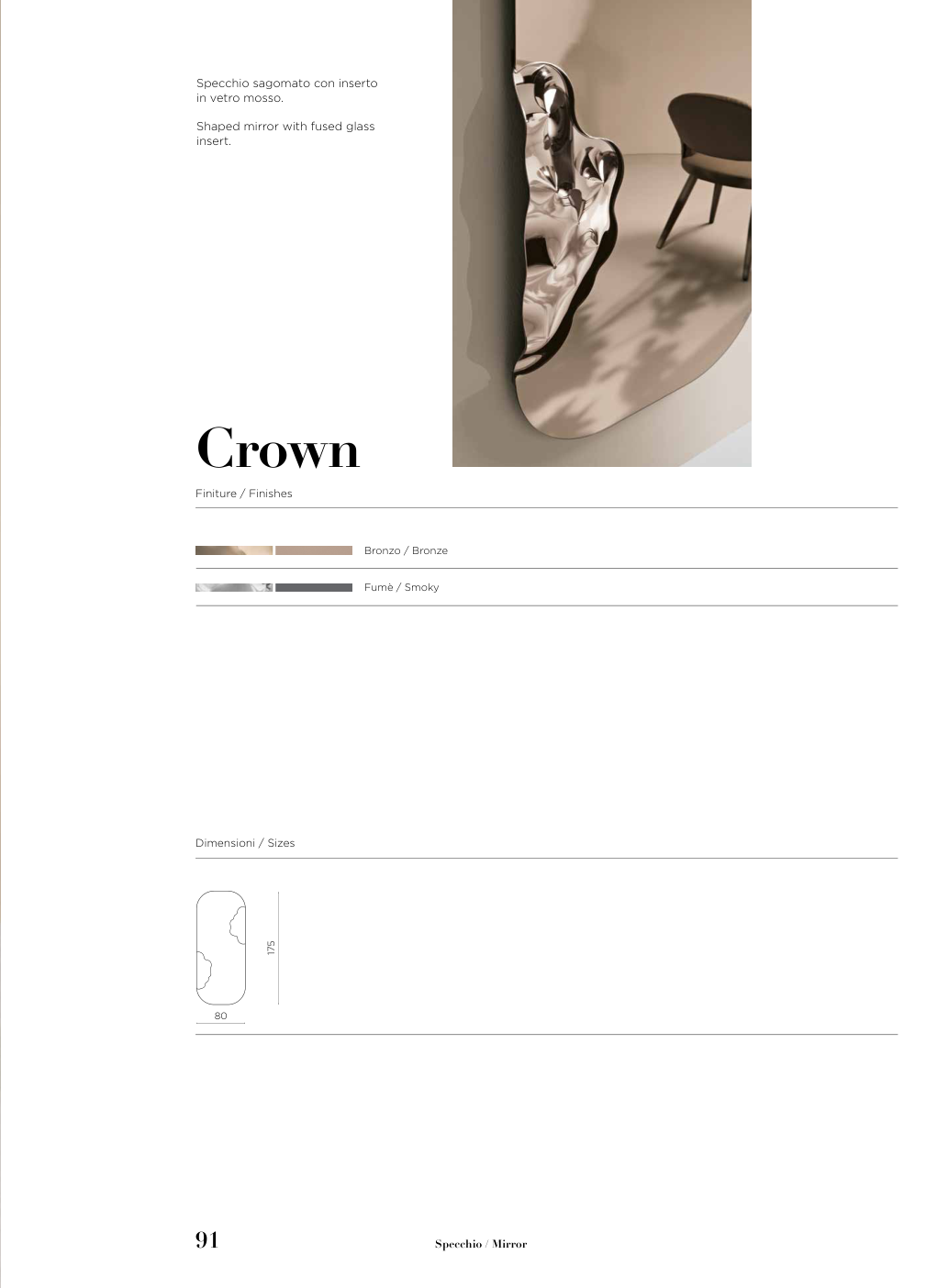 Specchio Crown Capodarte – schema originale di misure e finiture