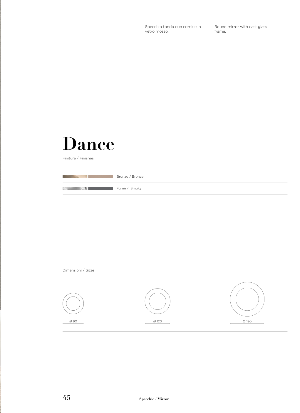 Specchio Dance Capodarte – schema originale di misure e finiture