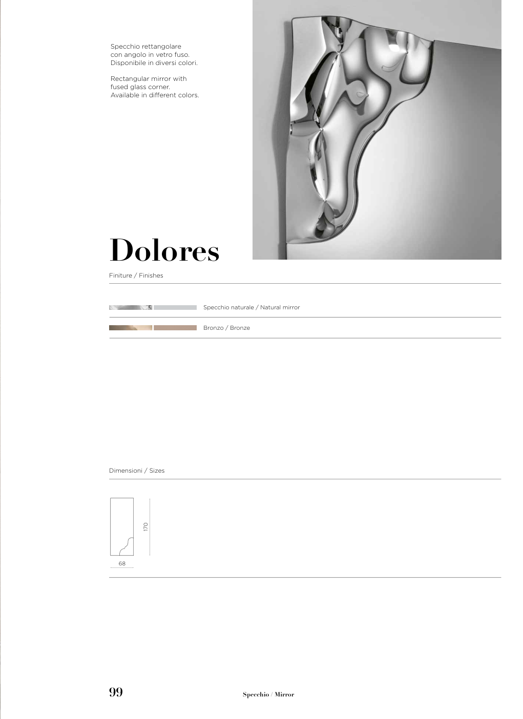 Specchio Dolores Capodarte – schema originale di misure e finiture