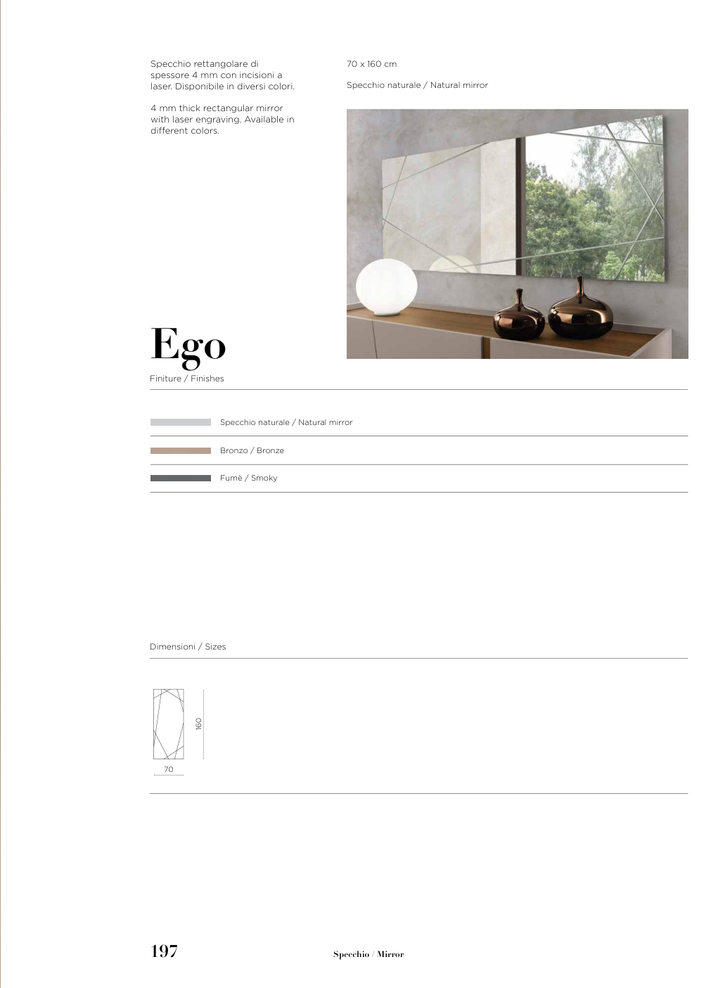 Specchio Ego Capodarte – schema originale di misure e finiture