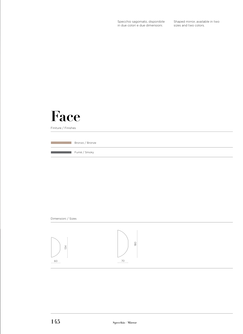Specchio Face Capodarte – schema originale di misure e finiture