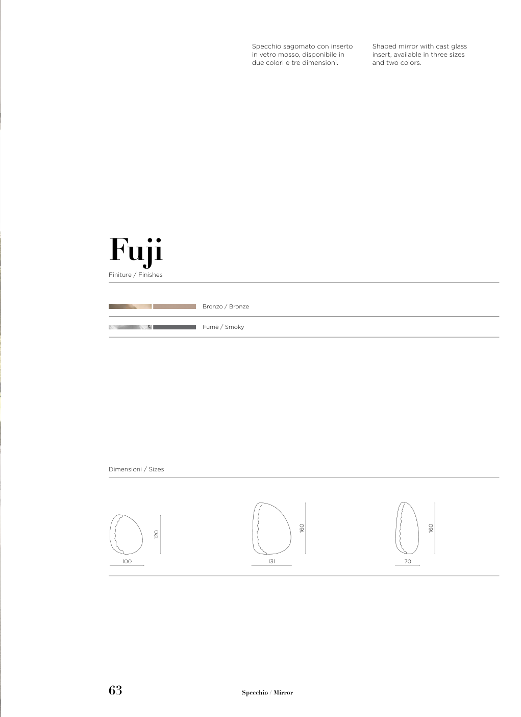 Specchio Fuji Capodarte – schema originale di misure e finiture