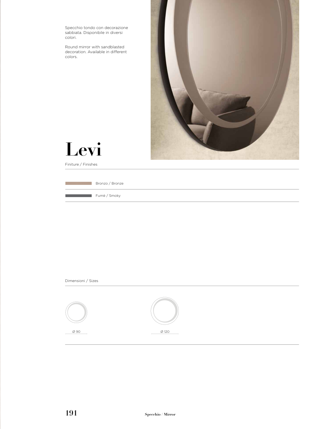 Specchio Levi Capodarte – schema originale di misure e finiture