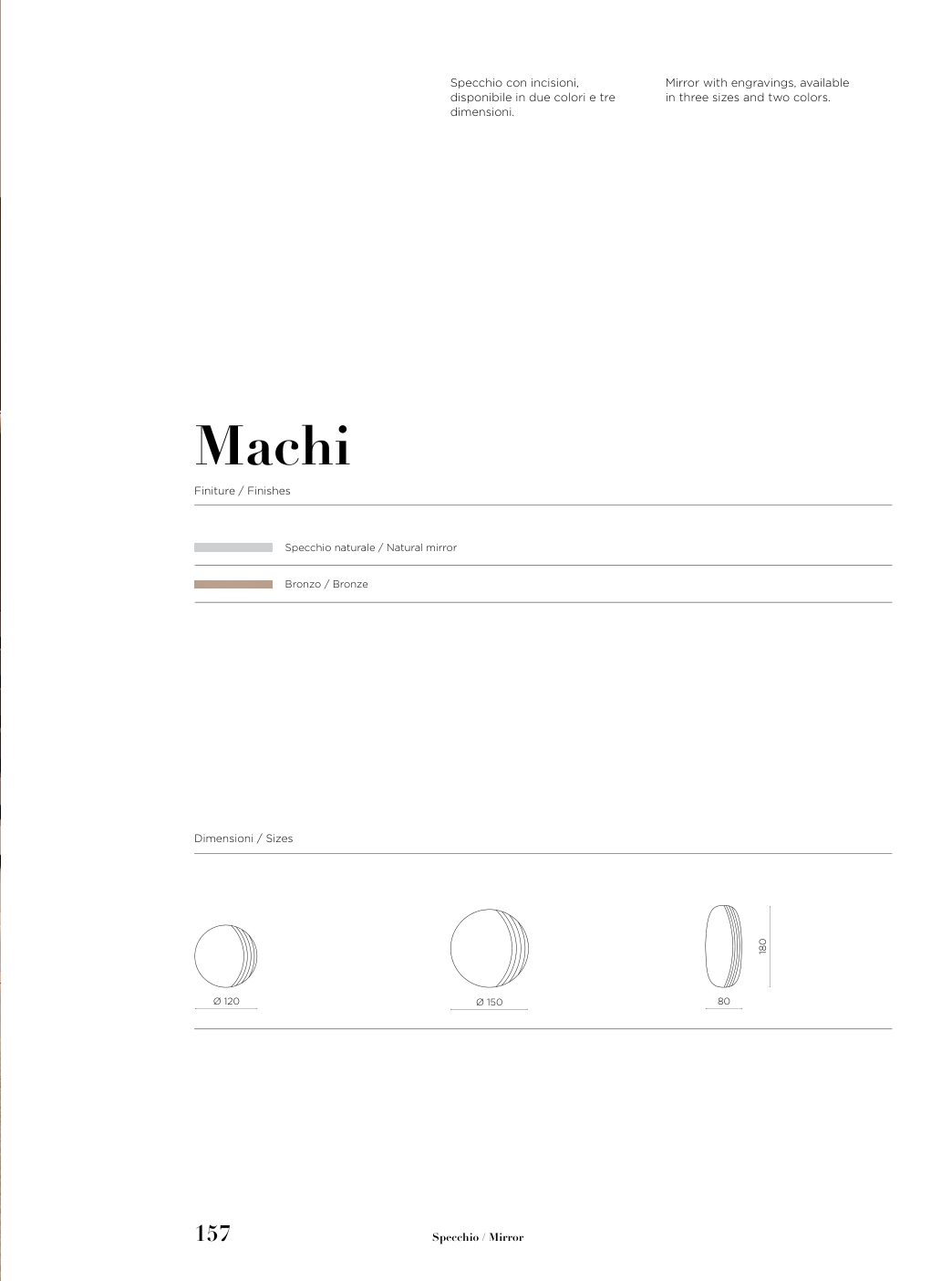 Specchio Machi Capodarte – schema originale di misure e finiture