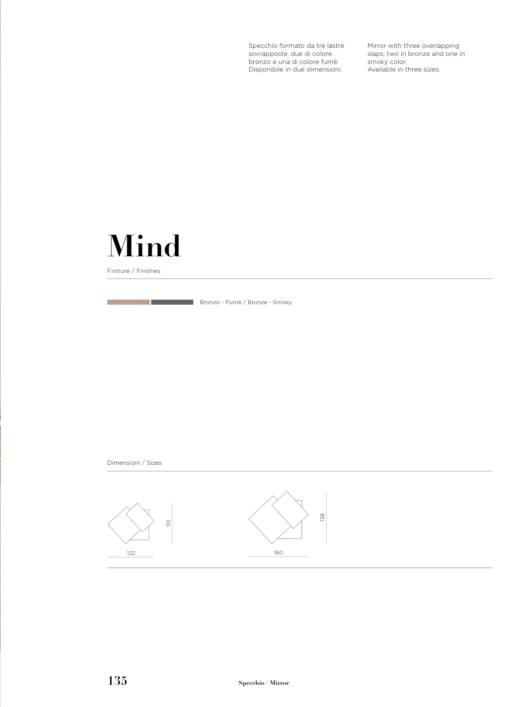 Specchio Mind Capodarte – schema originale di misure e finiture
