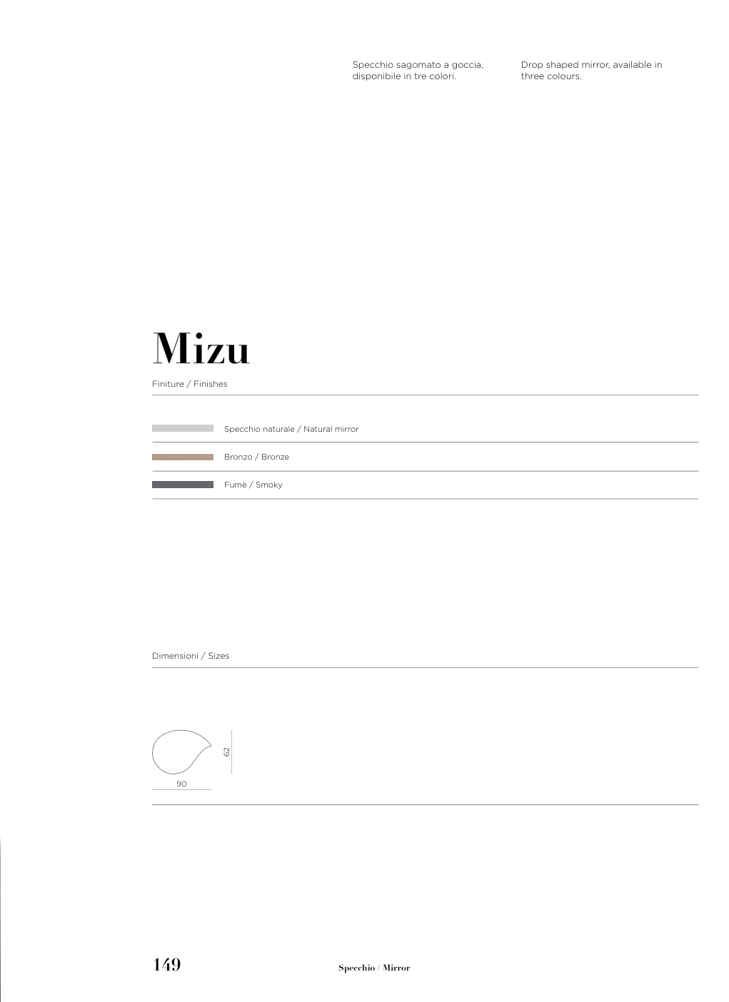 Specchio Mizu Capodarte – schema originale di misure e finiture