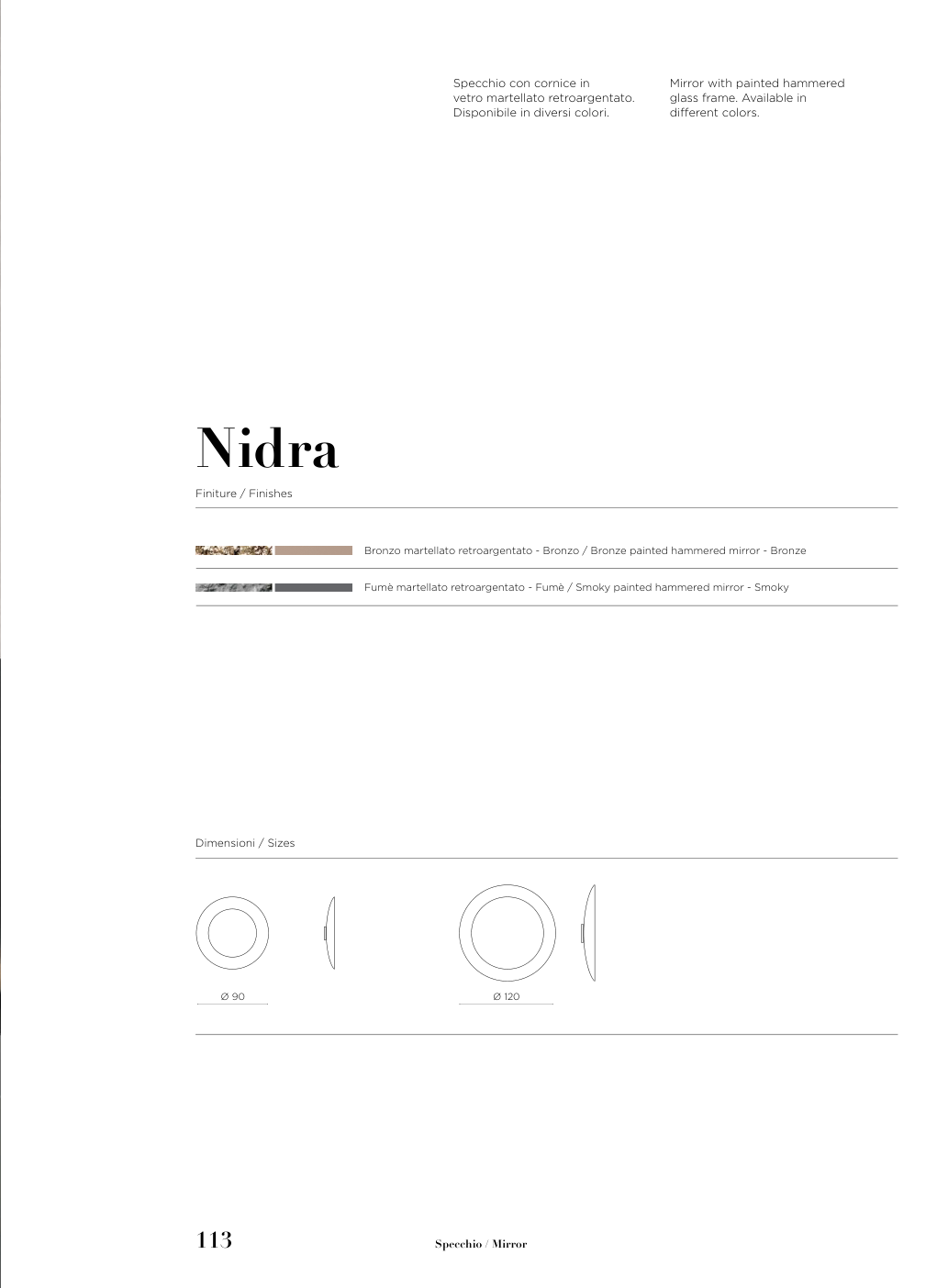 Specchio Nidra Capodarte – schema originale di misure e finiture