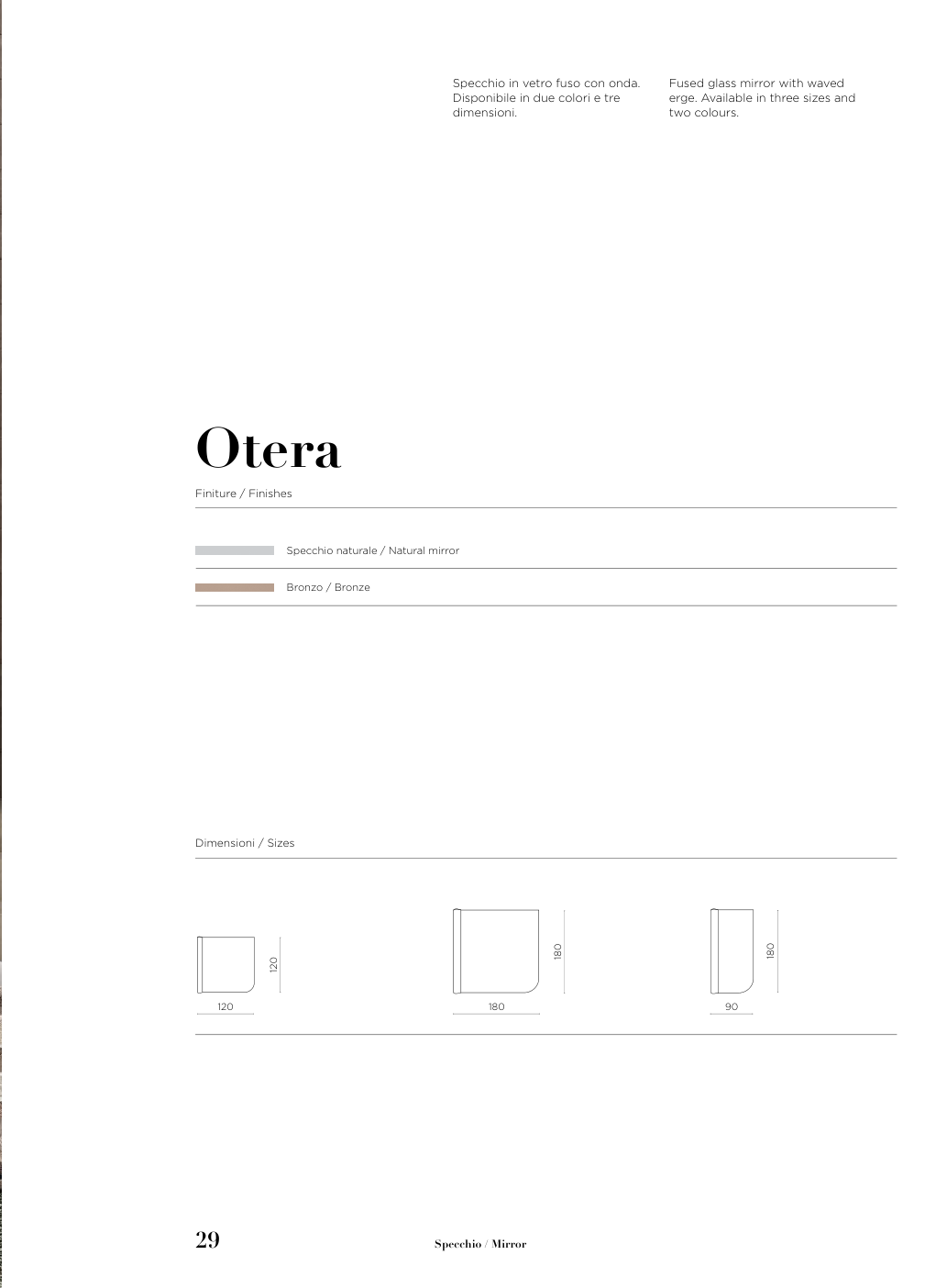 Specchio Otera Capodarte – schema originale di misure e finiture