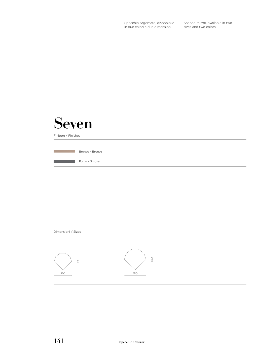 Specchio Seven Capodarte – schema originale di misure e finiture