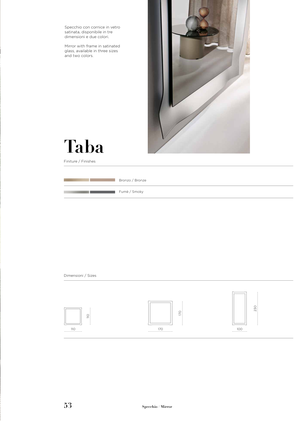 Specchio Taba Capodarte – schema originale di misure e finiture