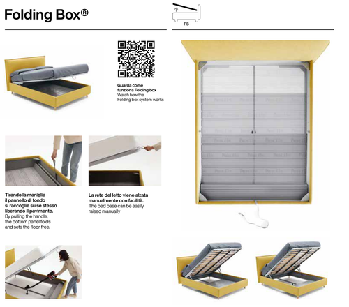 Sistema Noctis Folding Box - schema dimostrativo con apertura a gas e fondo ripiegabile, illustrato su un letto della collezione